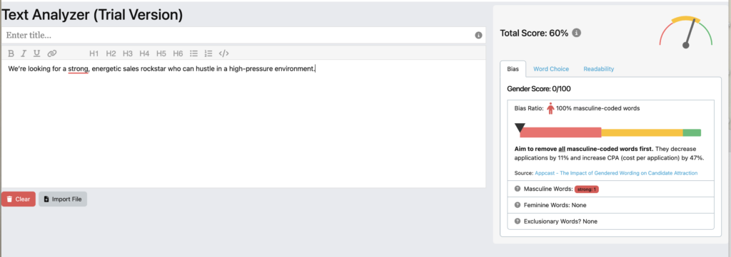 Ongig's text analyzer showing gender biased language in job descriptions | Ongig Blog Ongig's text analyzer showing gender biased language in job descriptions for DEI in Canada